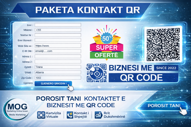Kontaktet e Biznesit me QR Code, Karte biznesi me QR Code, Kartvizite smart, QR Code per evente biznesi, Digital business card Albania, Listim biznesi me QR, Kartvizite PVC me QR Code, SEO per profil biznesi online, Platforme biznesi me QR 
